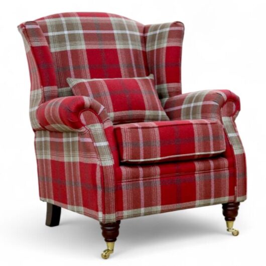 Wing Chair Fireside High Back Armchair Balmoral Red Check Fabric P&S