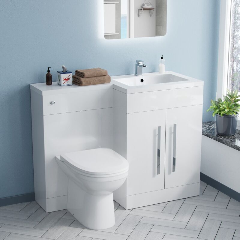 Aric RH 1100mm Vanity Basin Unit, Cistern, WC Unit & Welbourne Back To Wall Toilet White