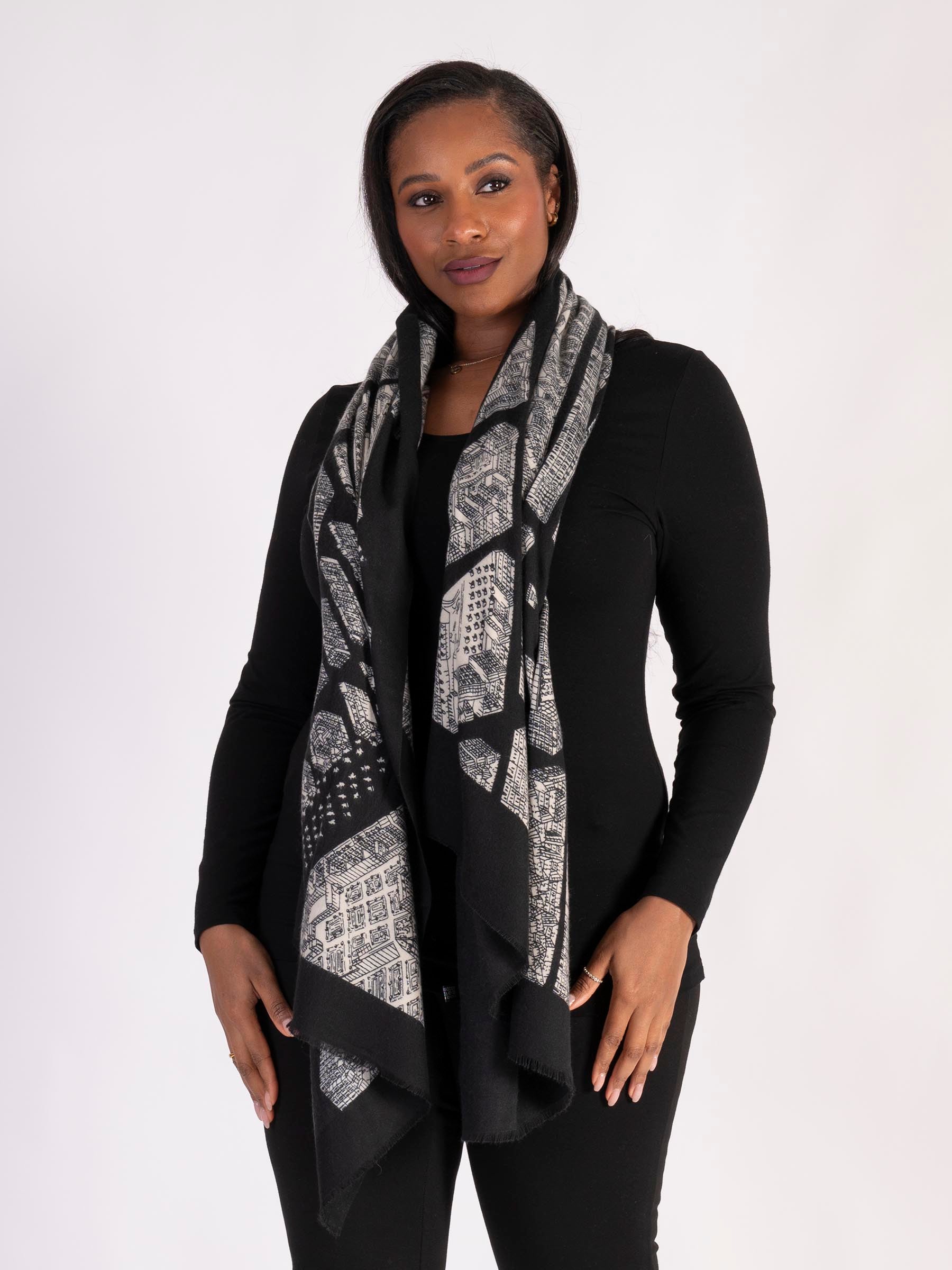 Black/White Paris Streets Illustration Lightweight Scarf