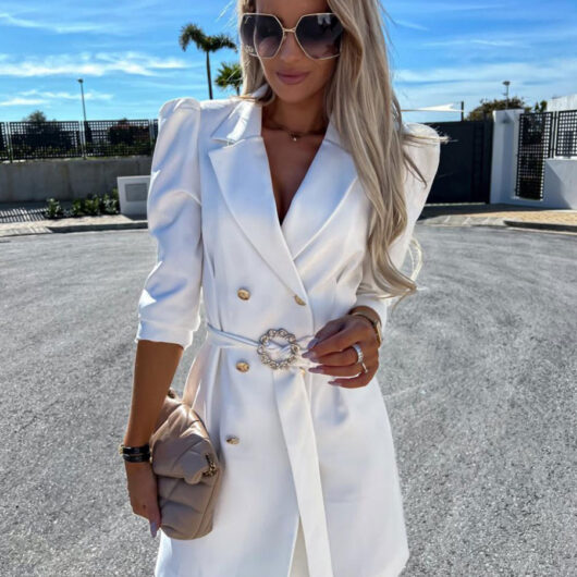 Blazer Dress White Belt Double Breasted Solid Color Slim Fit Casual Stylish Spring Fall Outerwear For Women