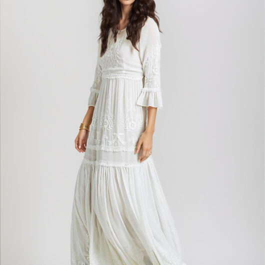 Boho Embroidered Women Maxi Dress - Cotton Tiered 3/4 Sleeve Crewneck Long Dress - Summer Beach Resort 2026
