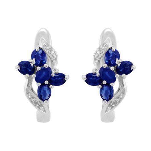 Classic Floral Sapphire & Diamond Hoop Earrings in Sterling Silver