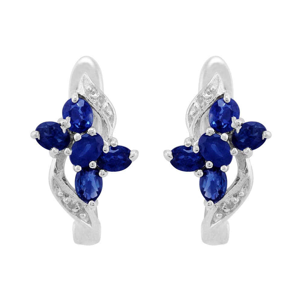 Classic Floral Sapphire & Diamond Hoop Earrings in Sterling Silver