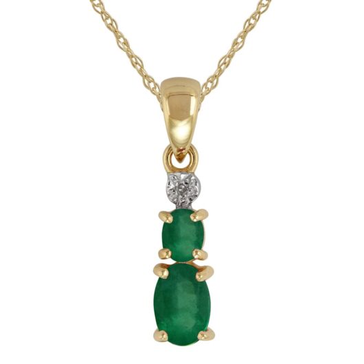 Classic two Oval Emerald & Diamond Pendant in 9ct Yellow Gold