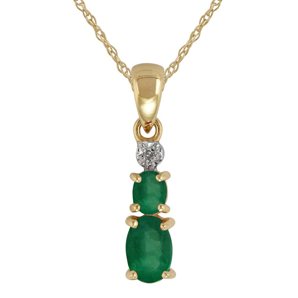 Classic two Oval Emerald & Diamond Pendant in 9ct Yellow Gold