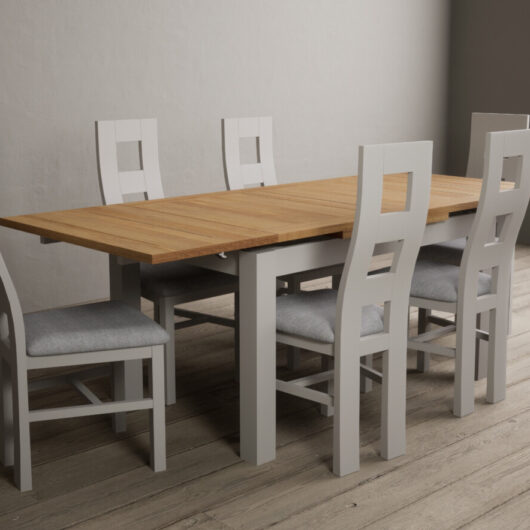 Extending Buxton 140cm Oak and Soft White Painted Dining Table with 6 Brown Painted Chairs