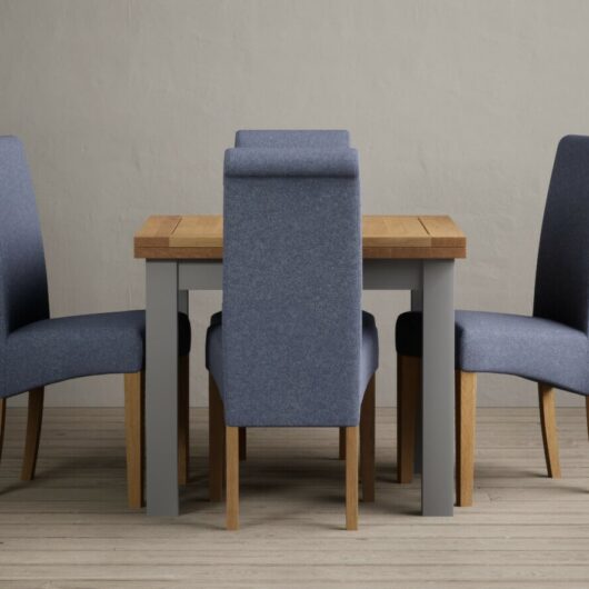 Extending Buxton 90cm Oak and Light Grey Painted Dining Table with 6 Natural Scroll Back Chairs
