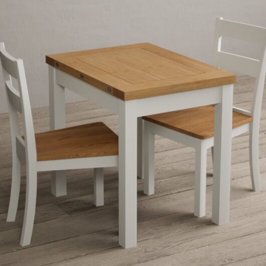 Extending Hadleigh Oak and Signal White Painted Dining Table with 2 Linen Kendal Chairs