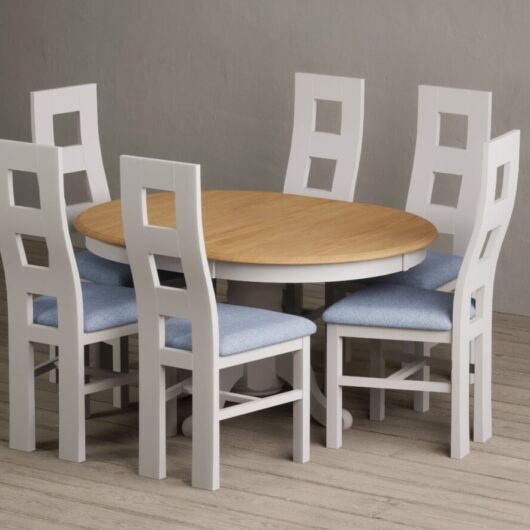 Extending Hertford 100cm - 130cm Oak and Soft White Painted Pedestal Dining Table with 6 Oak Painted Chairs