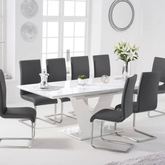 Extending Vittorio 160cm White High Gloss Dining Table with 6 Black Austin Chairs