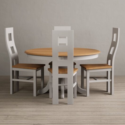 Hertford 120cm Fixed Top Oak and Soft White Painted Dining Table with 4 Brown Natural Chairs