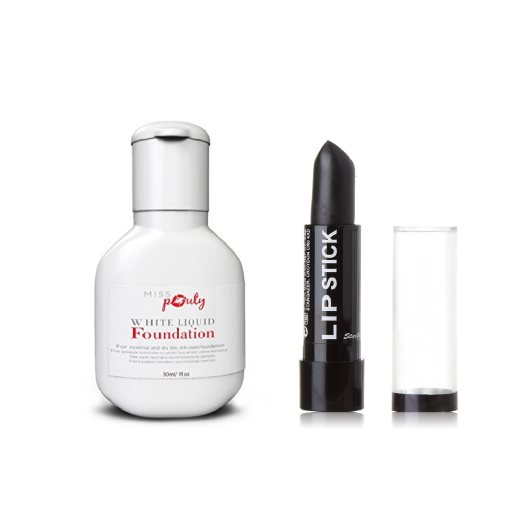 Long-Lasting Liquid White Foundation & Matte Black Lipstick Duo - Buildable, Smudge-Proof, Halloween & Costume Makeup | Wowcher