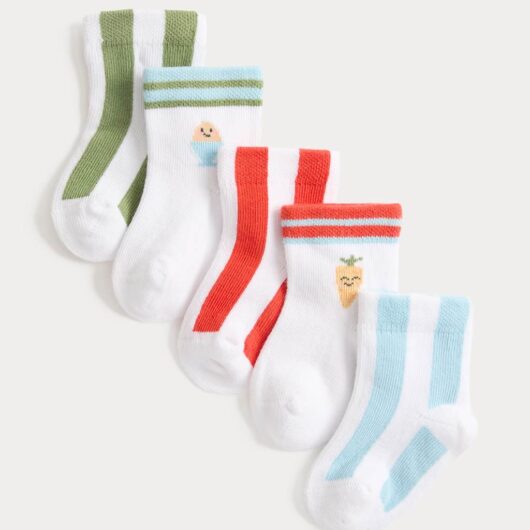 M&S 5 Pack Cotton Rich Striped Baby Socks (0-24 Mths) White Mix