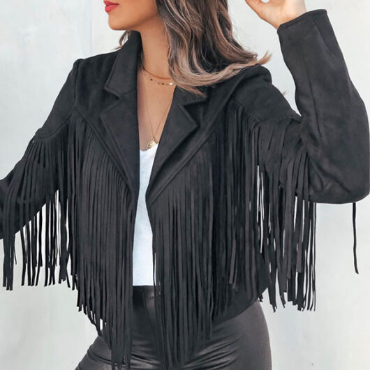 Suede Jacket Black Turndown Collar Fringe Lapel High Waist Solid Color Oversized Relaxed Fit Spring Fall Street Outerwear For Women