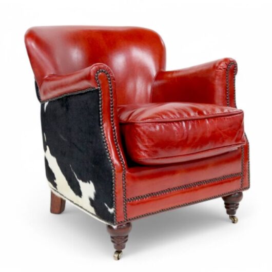 Vintage Red Leather & Cowhide Tub Chair | Rustic Western Accent Armchair