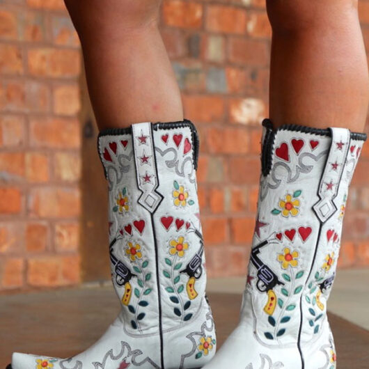 White Cowboy Boots Women Pointed Toe Flowers Embroidered Western Boots